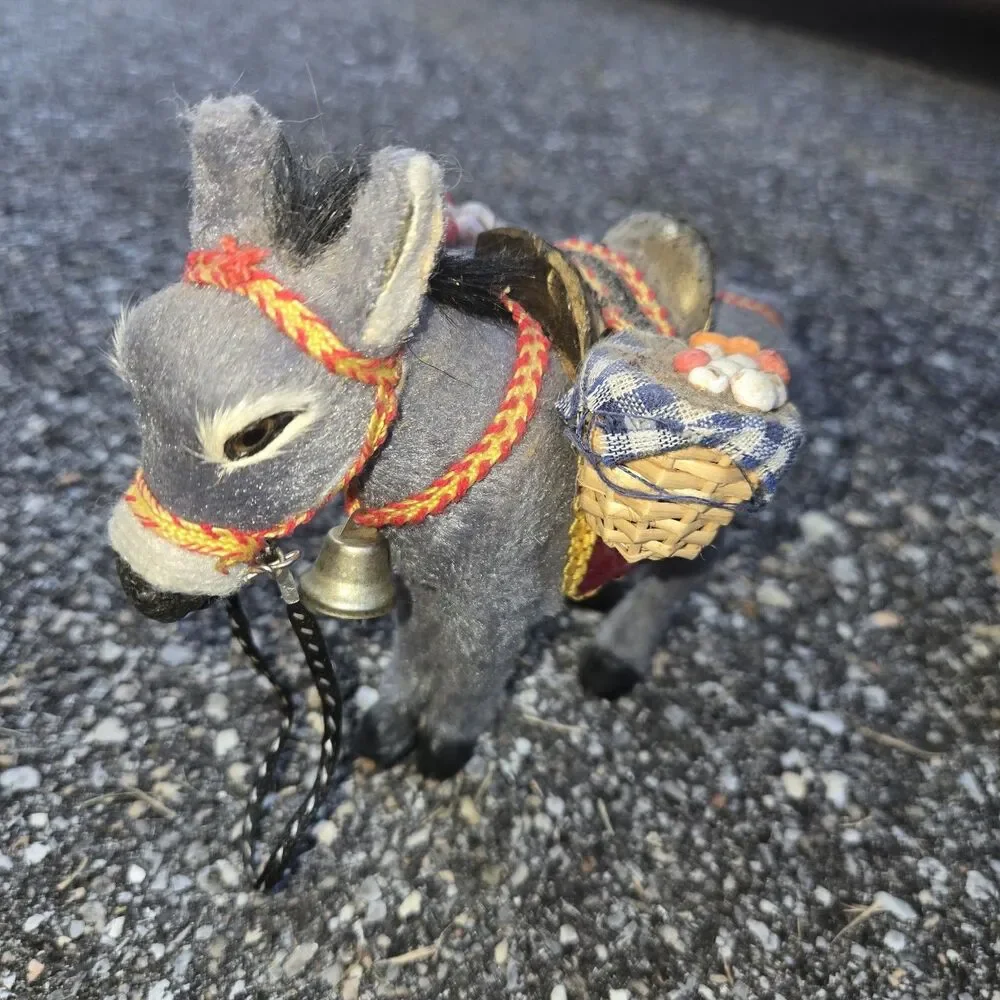Vintage Handmade Donkey/Pack Mule Small Soft Furry Figurine 1950’s Souvenir Bell